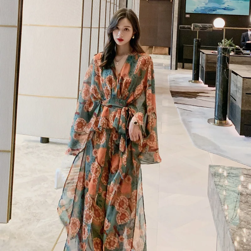 

2020 summer new retro printed wide-leg pants seaside holiday chiffon suit beach two-piece suit