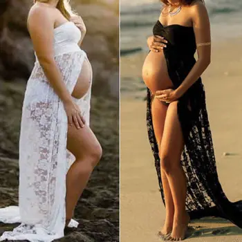 

Women Long Maxi Dress Photography Props Maternity Lace Sexy Gown Pregnant Sleeveless Strapless Photo Shoot Summer Dress