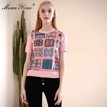

MoaaYina Fashion Spring Summer Short sleeve Knitting Tops Women's Elegant Print Silk Wool Sweater Pullovers