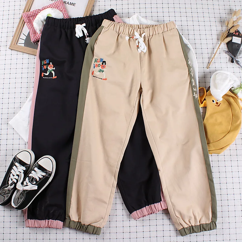 Neploe Japanese Contrast Color Harem Pants Letter Embroidery Lace Up Waist Cargo Trousers Leisure Ankle-length Pants 55200