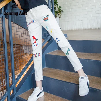 

Woman Jeans High Waist Loose Harem Pants Korean Style Embroidery Cuffs Cotton Office Lady Hole Female Long Pants 2020 Fashion
