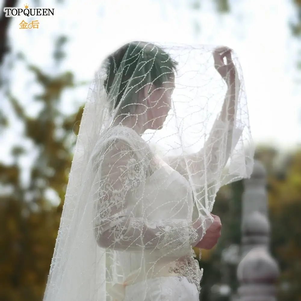 

TOPQUEEN V39 Hot Sale one Layer White Ivory Tulle Bridal Veil Cut Edge Without Comb Beaded Veil Costume In Stock Bridal Veil