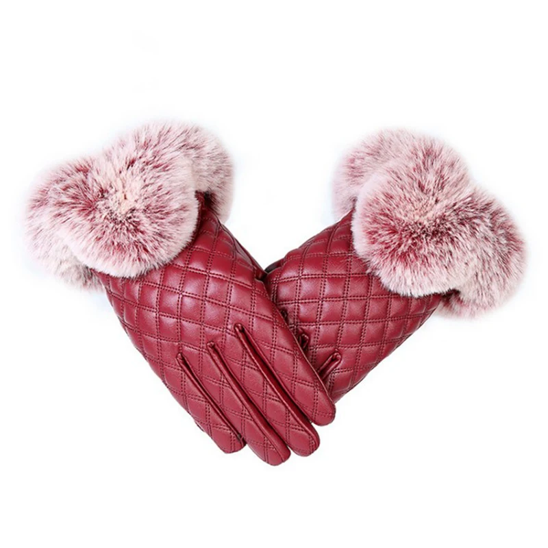

Fashion Winter Warm Windproof Outdoor Cycling Glove Thick Leather Elegant Girls Brand Mittens Free Size Rabbit Fur Female Gloves