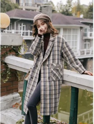 Khaki plaid Зимнее женское модное кашемировое пальто в клетку, винтажное утепленное шерстяное пальто выше колена - Цвет: Khaki plaid