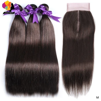 

REMYBLUE Brown Pre-Colored Peruvian Hair Bundles with Closure Straight Hair Weave Bundles Remy Human Hair 3 Bundles with Closure
