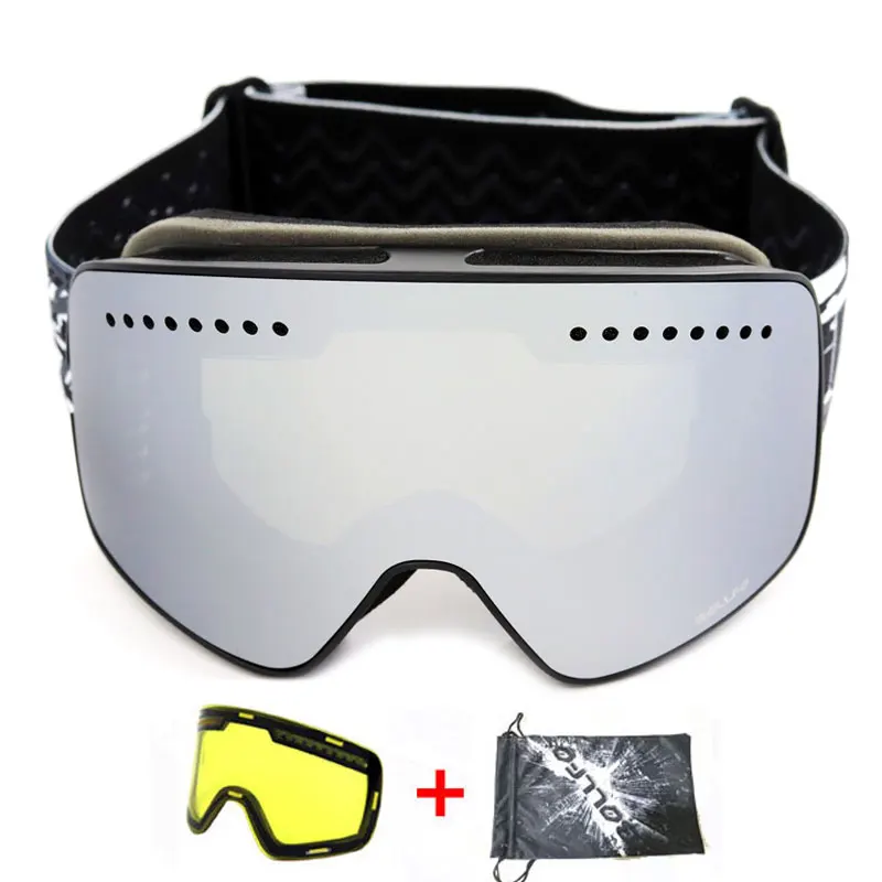 Magnetic Double Layer Polarized Lens Ski Goggles Skiing Anti-fog UV400 Snowboard Goggles Men Women Ski Glasses Eyewear - Цвет: Black Silver