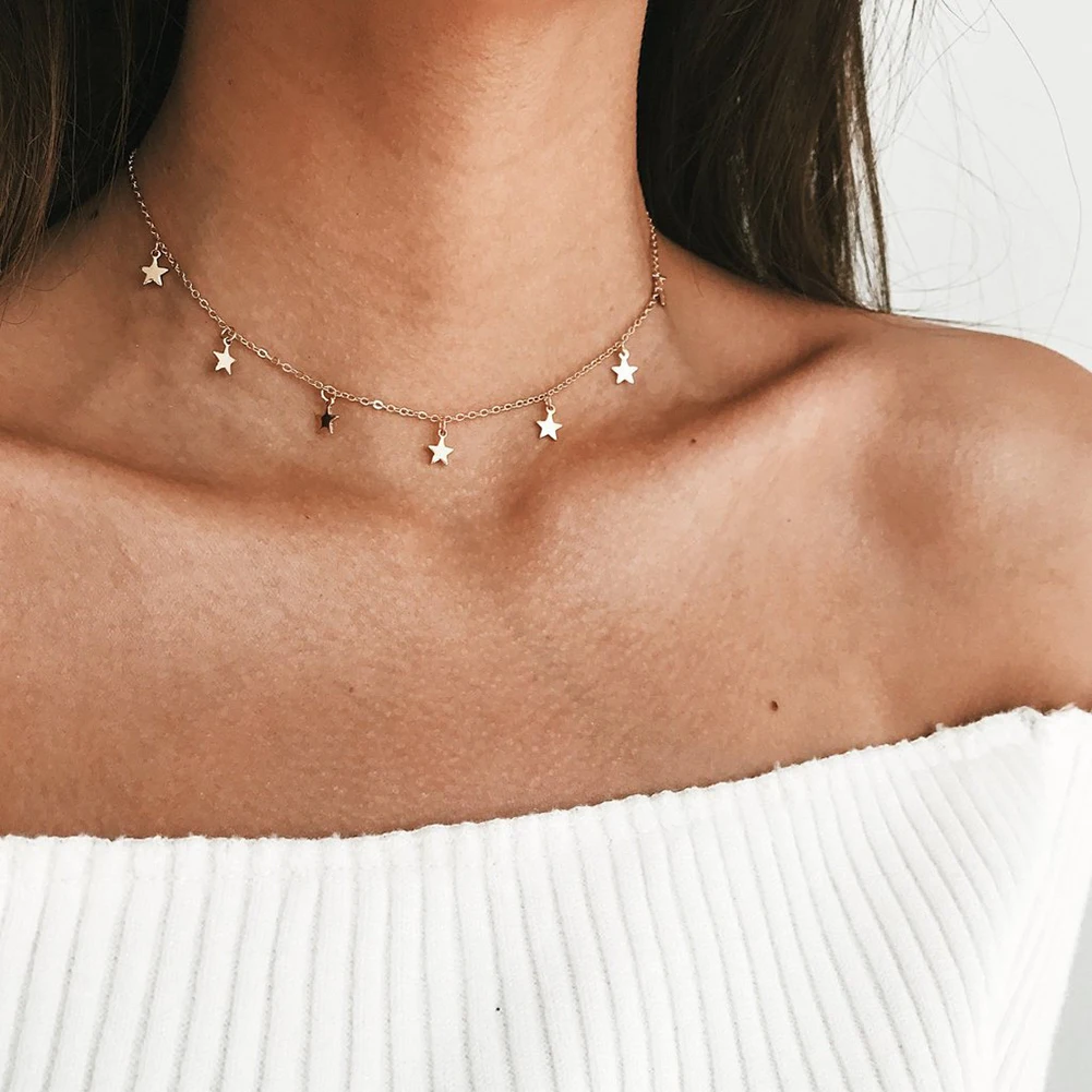 Colar com pingente de estrelas, colar dourado da moda para mulheres, gargantilha, joias simples de pentágono, joias de presente para mulheres|Colares c/ pingente| -
