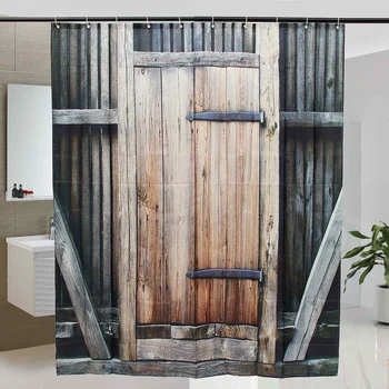

Rural Wooden Door Exterior Theme Shower Curtain Sets Non-Slip Rugs Toilet Lid Cover and Bath Mat Waterproof Bathroom Curtains