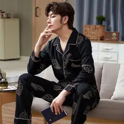100% Cotton Men's Pajamas Set Long-sleeved High-end Cotton Suit Oversize Autumn and Winter Long Homewear Service Sleepwear