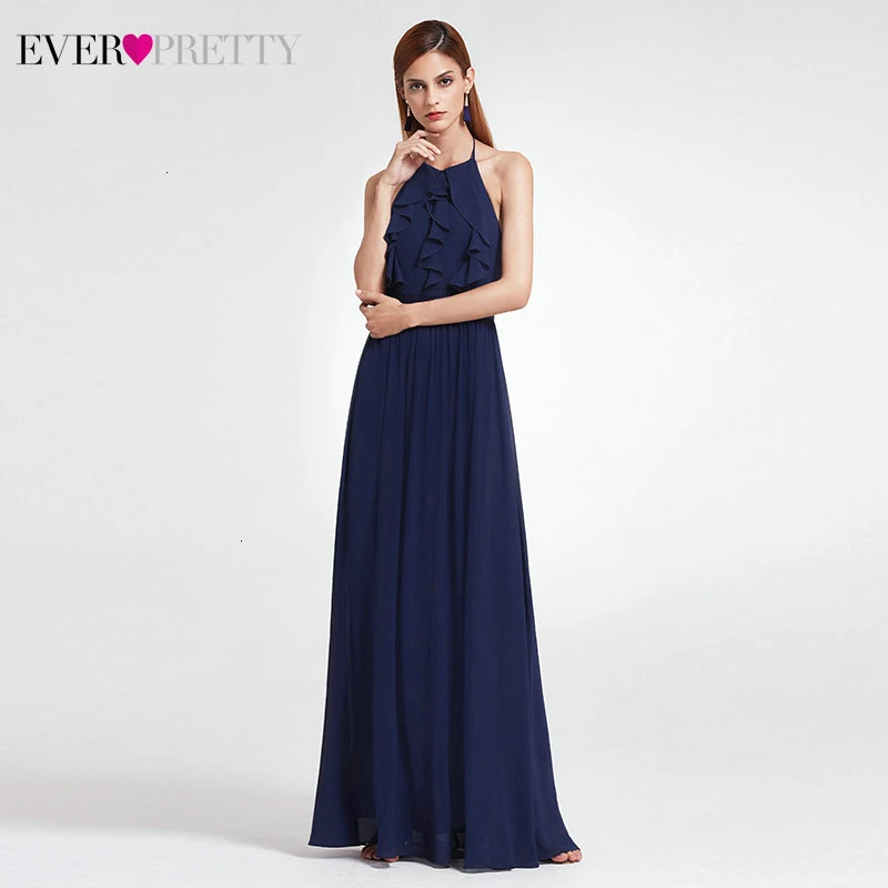 

Elegant Navy Blue Evening Dresses Long Ever Pretty A-Line Halter Sleeveless Simple Chiffon Formal Party Gowns Długa Sukienka