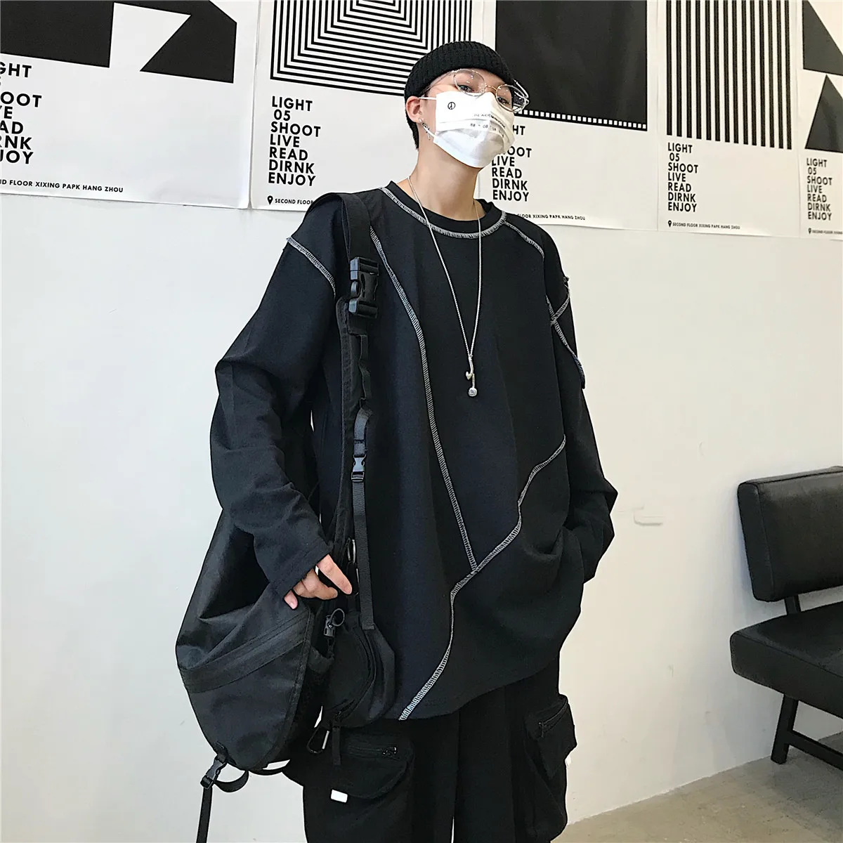 Хип-хоп панк Футболка Топ Harajuku уличная Корейская длинный рукав однотонный графический пуловер свободные негабаритные осень зима