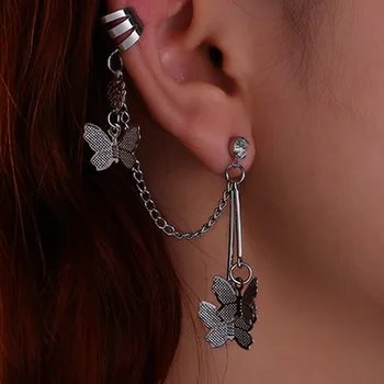 

Pendientes Earing South Korea Manual Butterfly Web Celebrity Tassel Chains Zircon Earpins Double Nail Ear Clip Earrings Bones