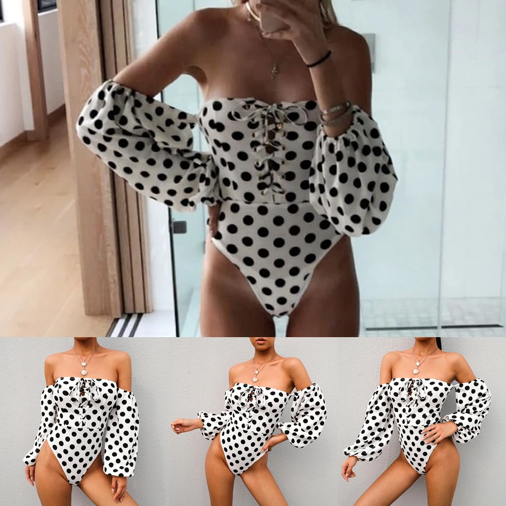 Ladies Womens Off Shoulder Romper Jumpsuit Long Sleeve Body Top Polka Dot Plain Stretch Bardot Bodysuit Leotard Tops
