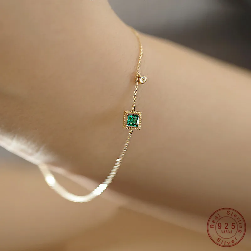 925 Sterling Silver Japanese Simple Emerald Crystal Chain Bracelet Women Light Luxury Temperament Plating 14k Gold Jewelry Gift | Украшения