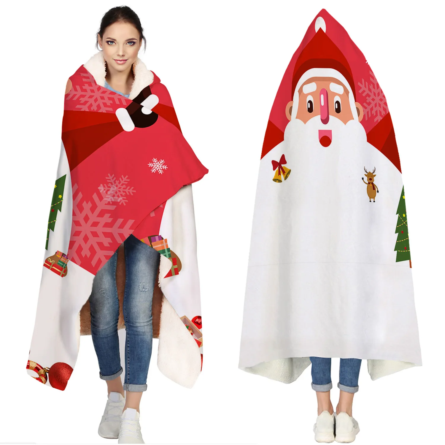 

Santa'S Gift Bag Evergreen Branches Snow Red Portable Wearable Fluffy Custom Hooded Blanket Fleece Hooded Throw WrapBed Blanket