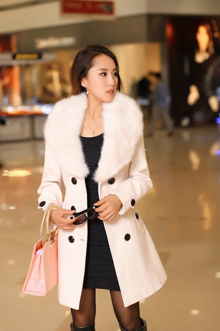 New autumn and winter woolen women's coat Korean double-breasted mid-length woolen coat with large fur collar long down coat Coats & Jackets