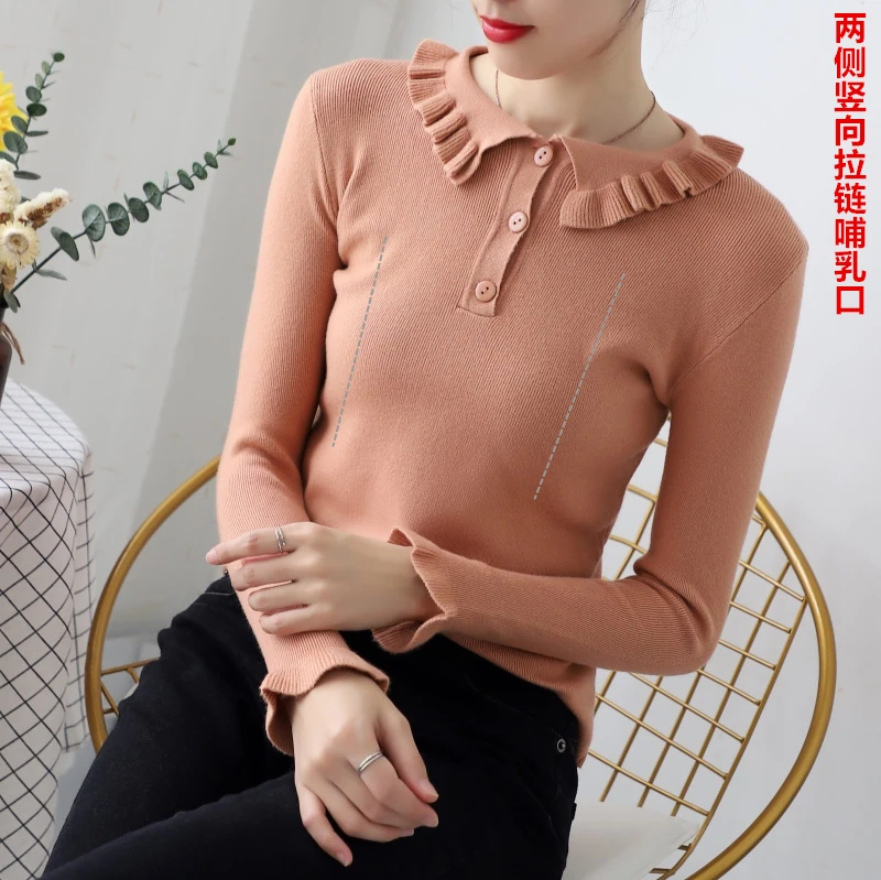 

Sweet Postpartum Women Lactation Sweater Peter Pan Collar Maternity Nursing Knitting Pullovers Zipper Fly Breastfeeding Tops