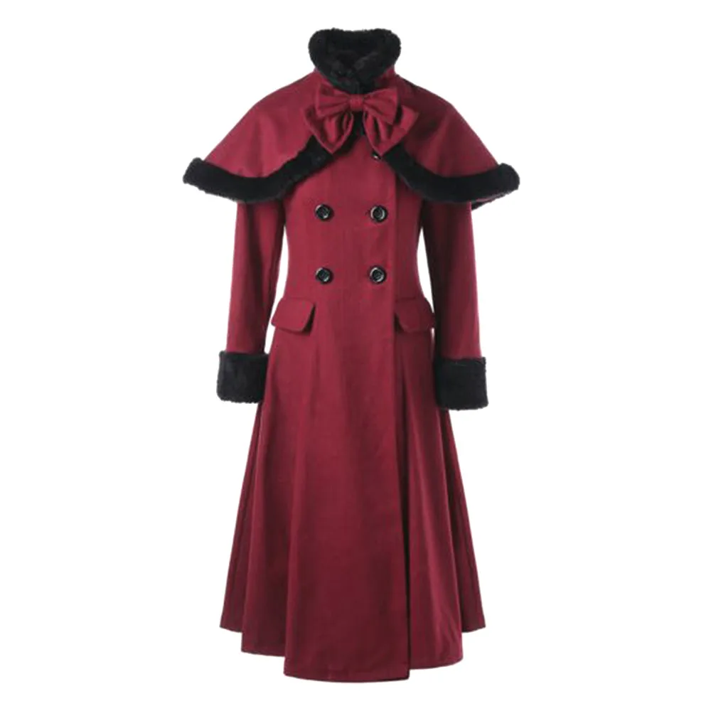 

Gothic Burgundy Wool Coat Women Autumn Winter Lace Up Pleated Warm Elegant Fashion Vintage Cloak Bow Double Breasted Coats