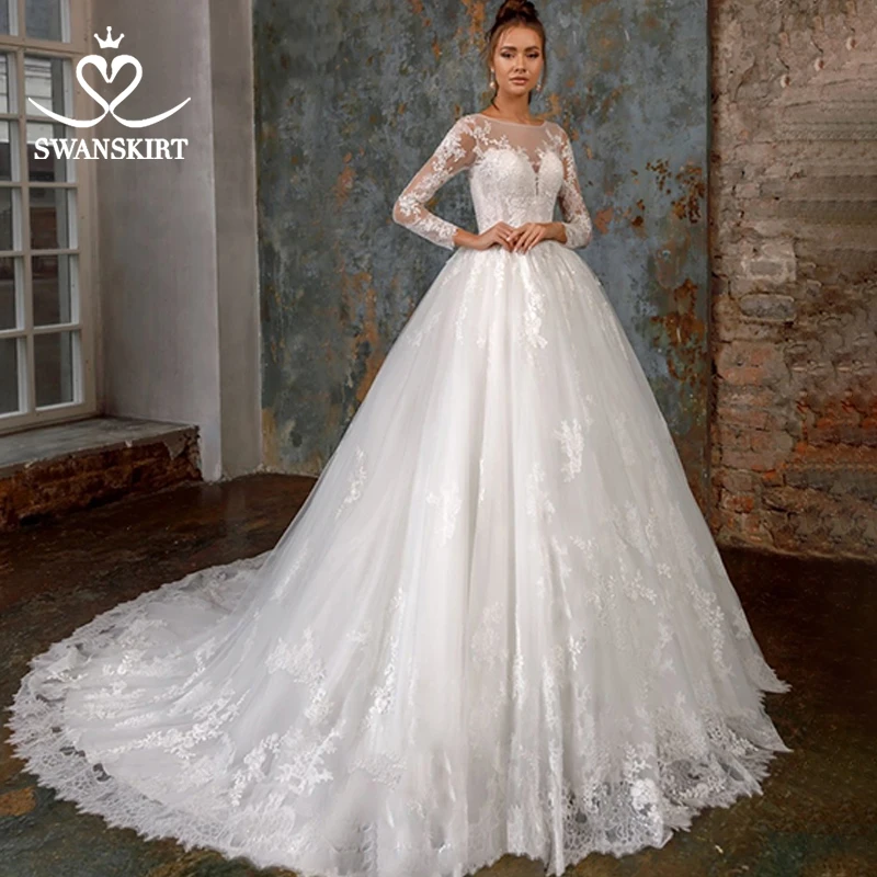 Роскошное Свадебное платье с аппликацией 2019 Swanskirt Модное бальное платье с длинными рукавами свадебное платье принцессы Большие размеры