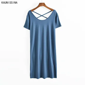 

Women Knee Length Nightgown Loungewear Dress Nightwear O-Neck Short Sleeve Solid Sexy Backless Sleepwear Night Dress Sleepshirts