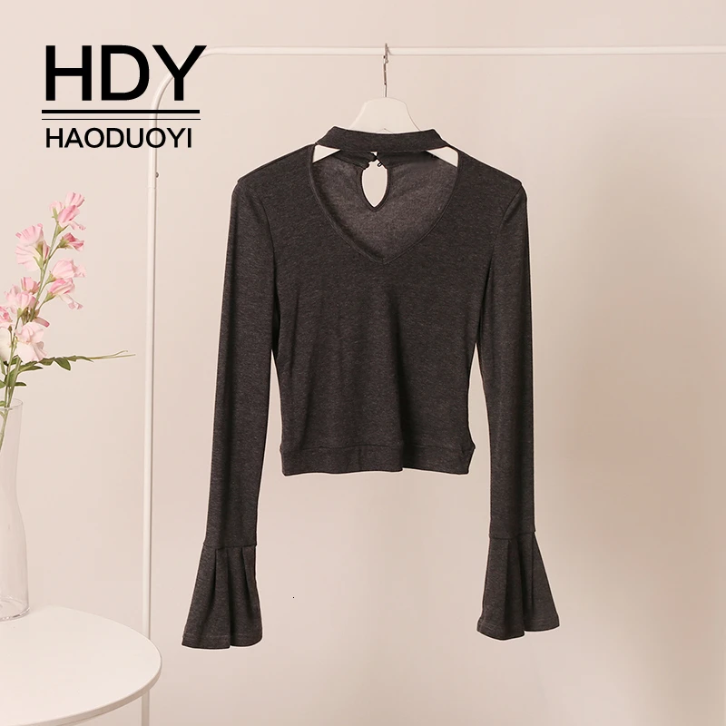 HDY Haoduoyi осень 2019 новые стильные повседневные однотонные модные тонкие топы с