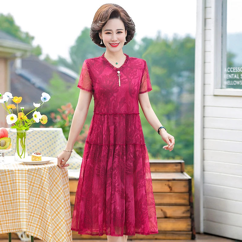 

Middle-aged and elderly dress women summer 40-year-old printed stitching dress casual mid-length dress mid-length Net yarn