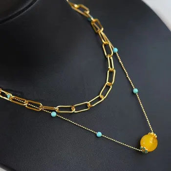 

Natural amber ins wind two-way stacking necklace can be worn alone sterling silver inlaid with turquoise petals Ladies jewelry