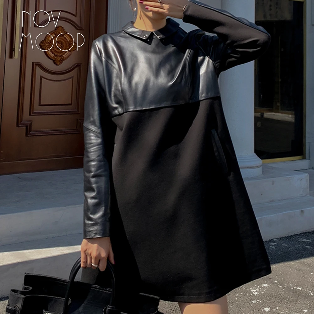 Novmoop корейское модное зимнее черное ТРАПЕЦИЕВИДНОЕ женское платье из натуральной овечьей кожи из комбинированной ткани ropa mujer robe femme LT2896