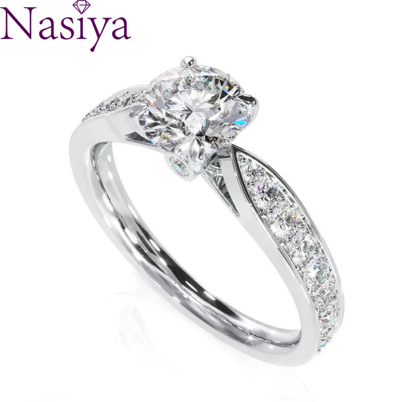 NASIYA Настоящее 14 к белое золото 1ct 6,5 мм EF цвет муассанит обручальное кольцо с боковым камнем тип для женщин свадебный подарок