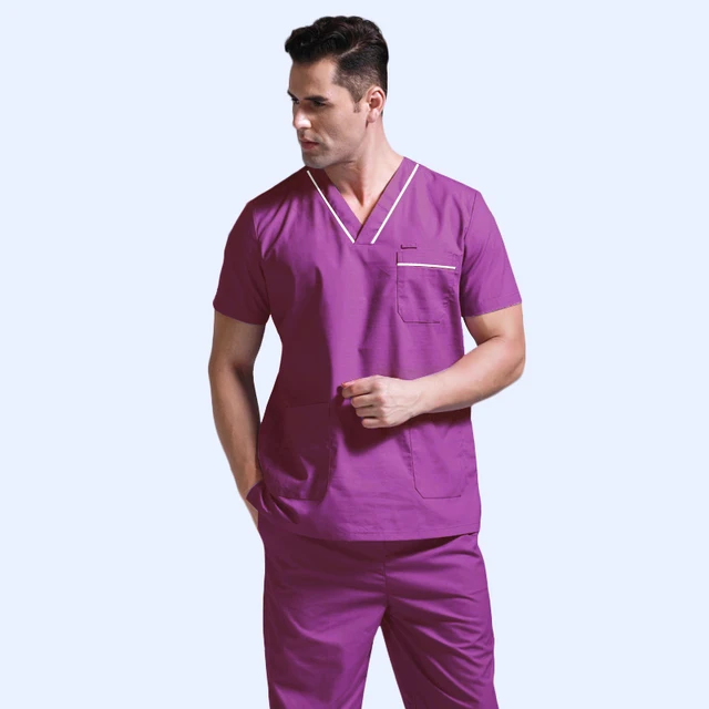 Plug Size Medical Suit for Men Short Sleeve Nursing Scrubs Cotton Veterinary Workwear Doctor Coveralls Surgical Pants Dentistry 55 cotton SUIT