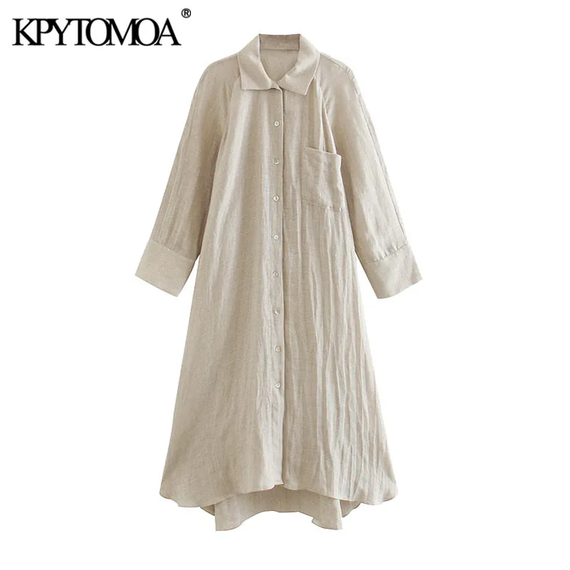 KPYTOMOA Women 2020 Chic Fashion Pockets Asymmetric Linen Midi Shirt Dress Vintage Long Sleeve Button-up Female Dresses Mujer