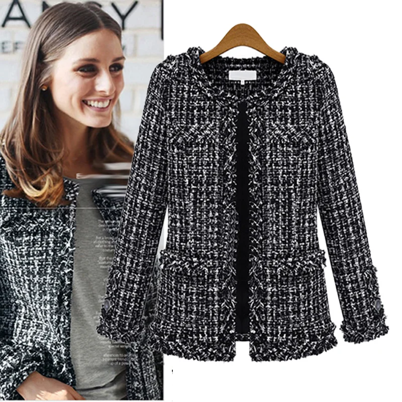 Finest  Women Plaid Jacket Outerwear 2020 Women Fashion Coat Autumn Winter Thin Black Checkered Tweed Casua