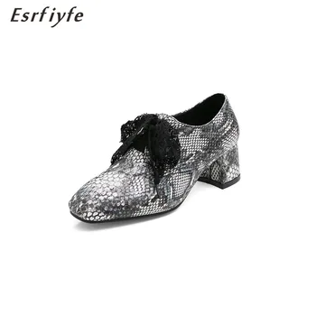 

ESRFIYFE 2020 New Fashion Brand Women Pumps Snakeskin Grain High Heels Lace Up Spring Summer Shoes Woman Square Toe Party Shoes