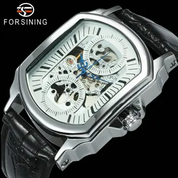 

FORSINING Fashion Creative Automatic Mechanical Watch Men Skeleton Tonneau Dial Leather Strap Unique Casual Watches Dropshipping
