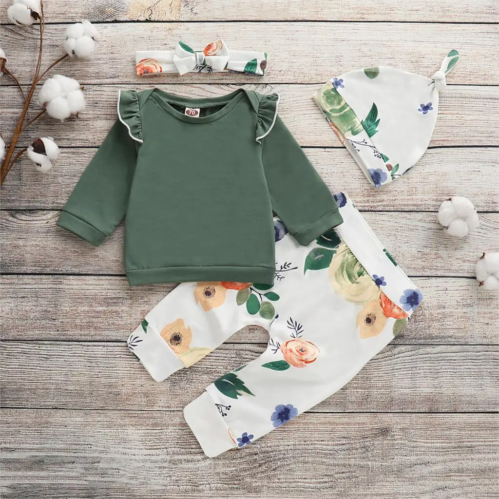 

4pcs Baby Girl Clothes Set Autumn Newborn Infant Clothing Set Toddler Tops+Leggings Pants+Headband+Hat Floral Baby Outfit Set