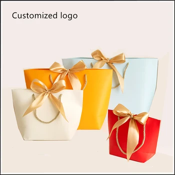 

100pc Large Size Gift Box Packaging Gold Handle Paper Gift Bags Kraft Paper With Handles Wedding Baby Shower Birthday Print logo