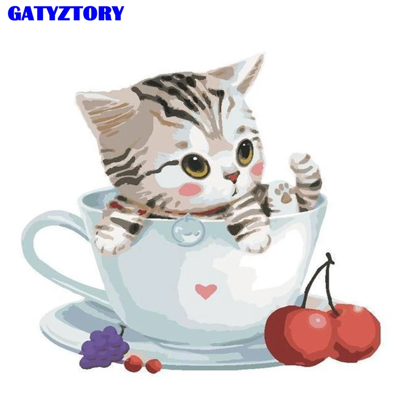 

GATYZTORY Frame Cup of Cat Animals DIY Painting By Numbers acrylic paint by numbers Wall Decor Picutre Handpainted Canvas Paint