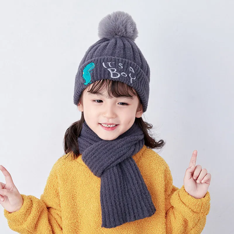 2-8years Children Fleece Knit Hat Winter Kids Scarf Set for Girls Boys Yellow Grey Red Pink