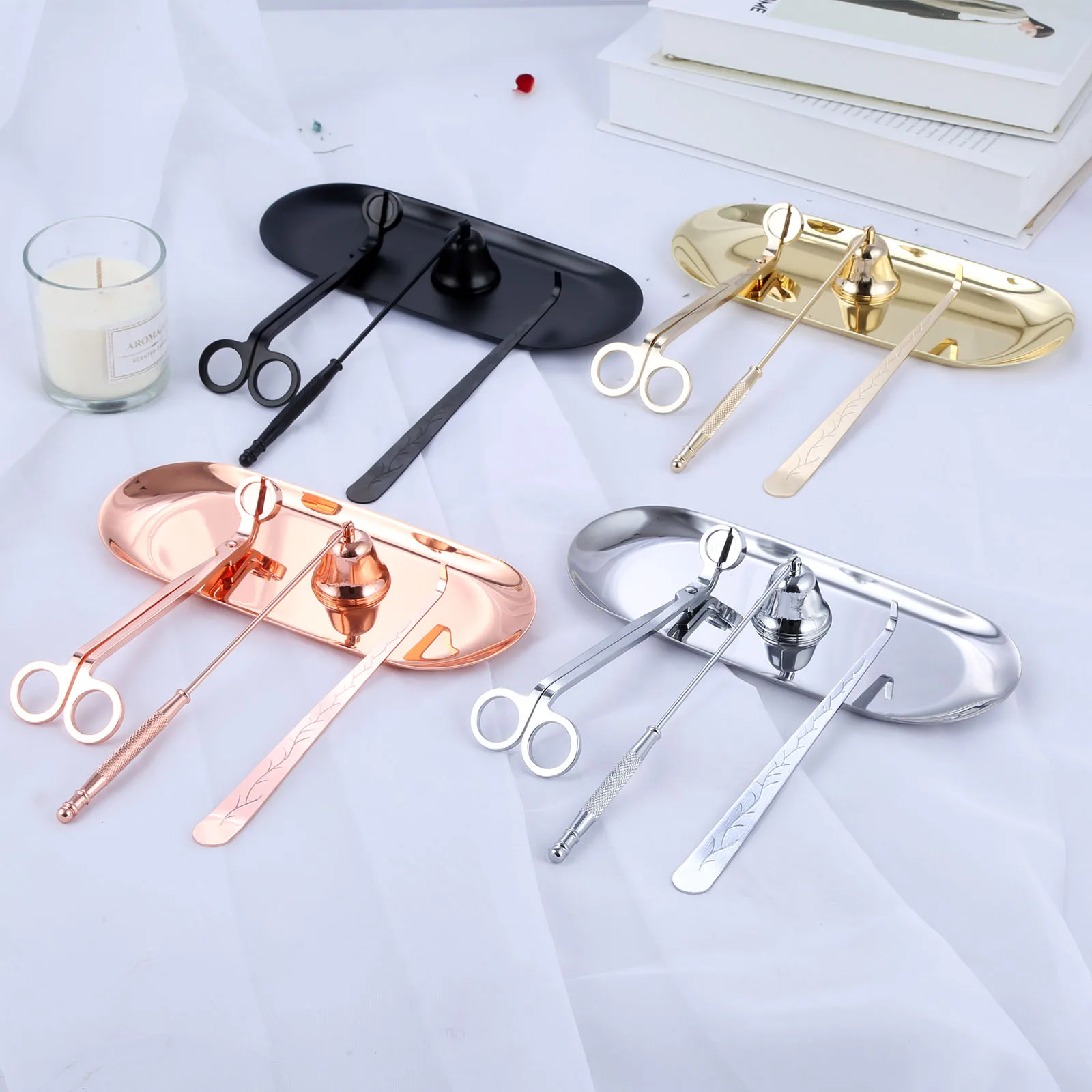 4pcs/kit Candle Bell Snuffer wick Trimmer Hook Tray Dipper scissors Accessory Stainless Steel Extinguisher Flame Decor | Дом и сад