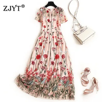 

High Quality Women Designer Summer Runway Dress Fashion 2020 New Lady Short Sleeve Floral Embroidery Mesh Lace Party Dress