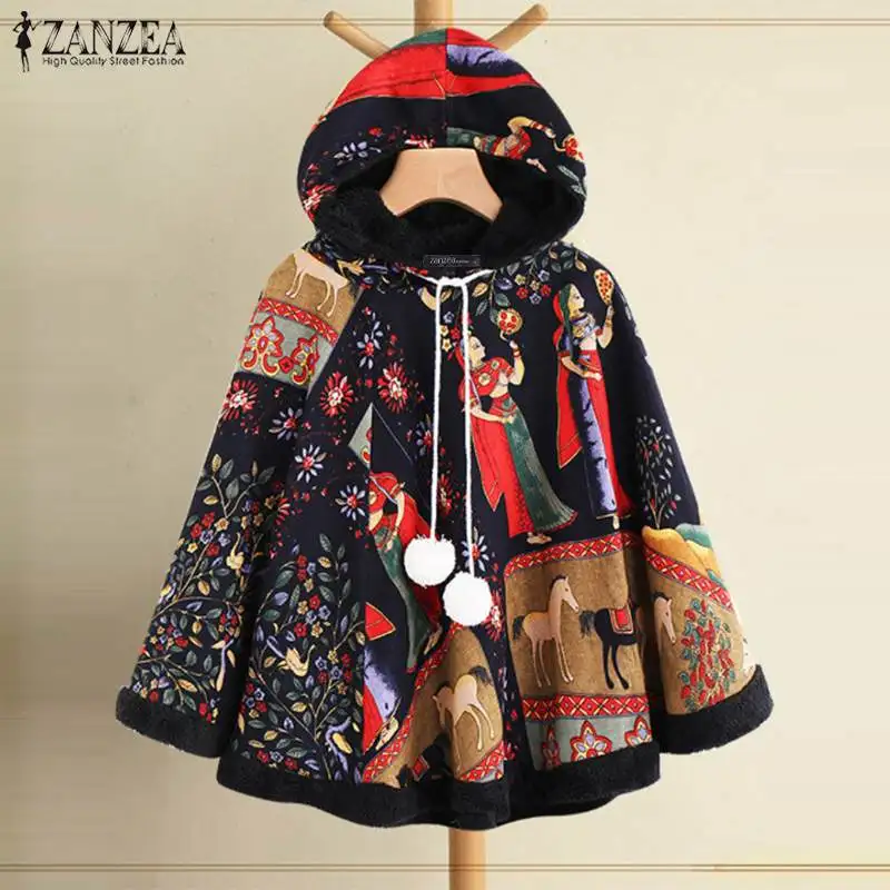 

Ethnic Printed Cloak Cape Women's Coats ZANZEA 2019 Casual Hooded Batwing Sleeve Hooded Outwear Female Fluffy Poncho Jackets 5XL