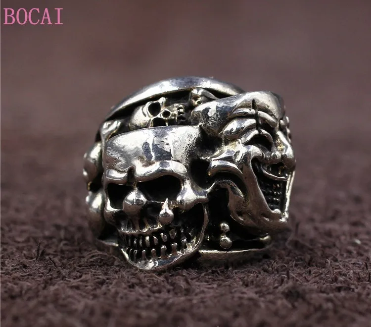 S925 Sterling silver Rings Funny Face Skull Fashion Trendy Punk Domineering Double Ghost Ornaments Pure Argentum Punk Jewelry