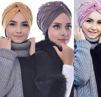 

Wholesale Suede Beanie Bonnet Hooded Hat Nail Pearl Muslim Hijab Headband Solid Turbanet turbante India Head Wrap Chemo Cap