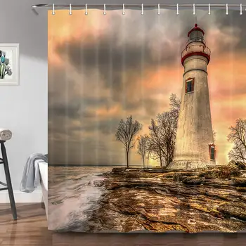 

Lighthouse Shower Curtain, Nautical Ocean Waves Rocks Seaside Coast Scenery Profession Waterproof Polyester Fabric Bathroom