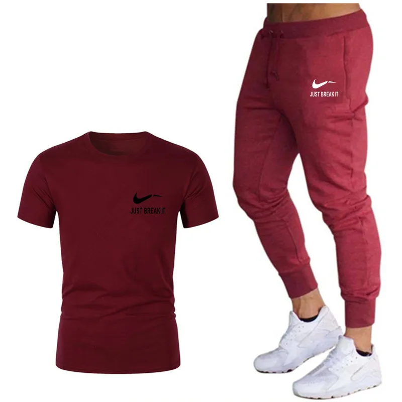 

2019 summer fashion new Red trousers casual style two-piece men's sports brand clothing casual sports suit men's clothing