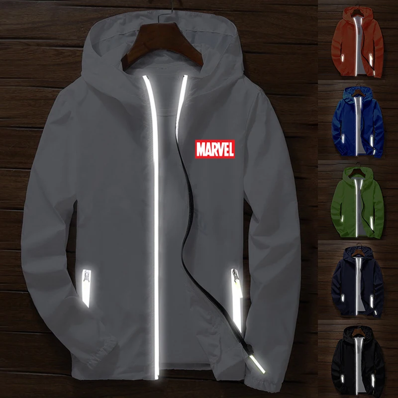Новая куртка-бомбер с логотипом Marvel на молнии для мужчин и женщин, Повседневная ветровка, тонкая Светоотражающая куртка с капюшоном, верхняя одежда, куртка черного цвета 6XL 7XL