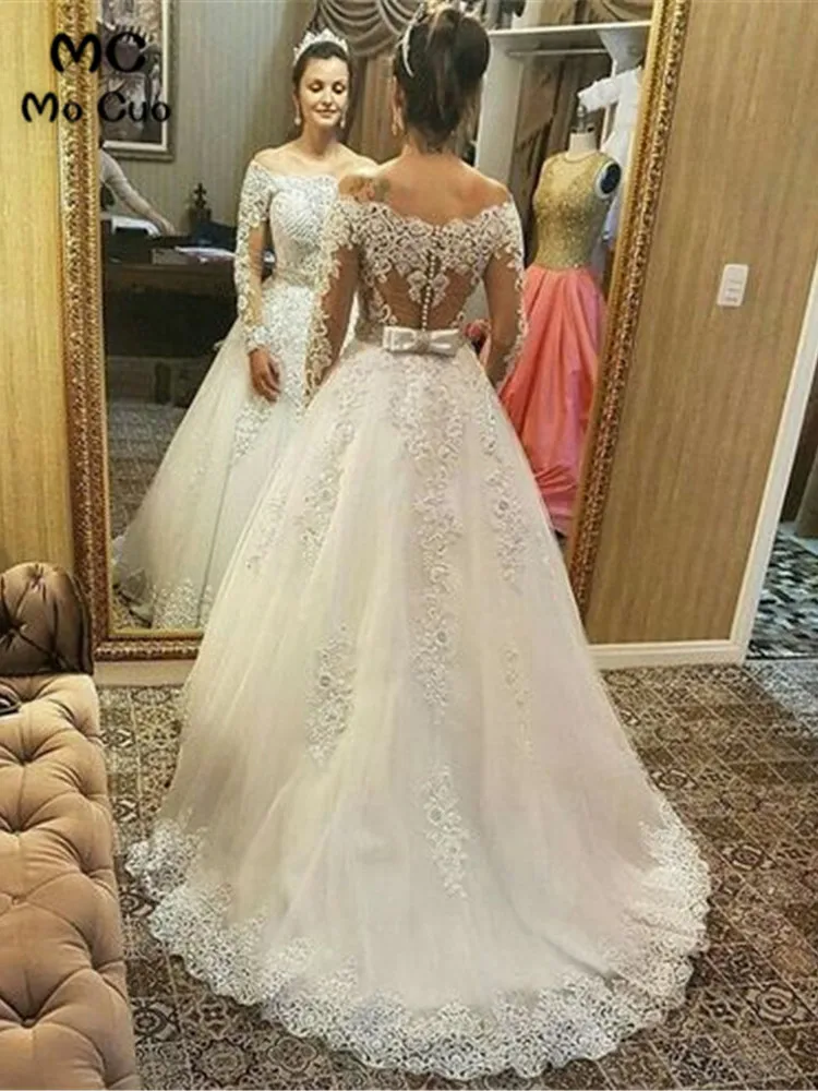 Ivory Elegant Off Shoulder Wedding Dress Long Sleeve with Appliques Lace Bow Bridal Gown Tulle Bridal Gown Wedding Gowns - Цвет: Ivory