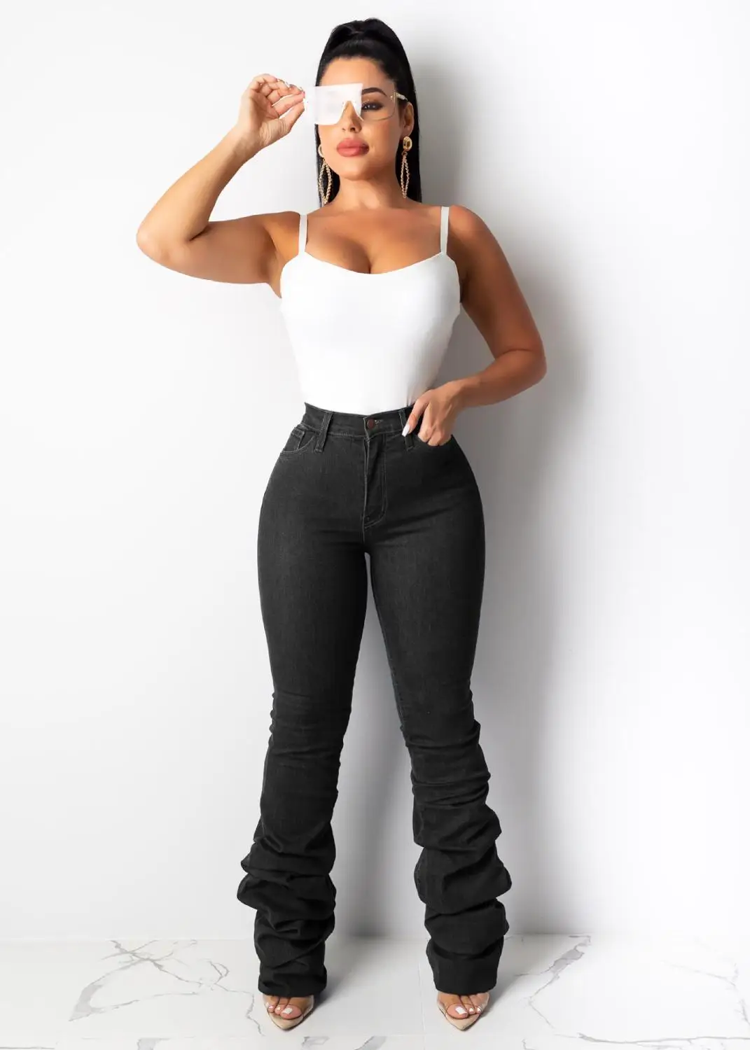 Adogirl Women Denim Pants High Waist Skinny Pencil Jeans Draped Hem Retro Jeans Straight Trousers Casual Bell Bottoms Pants