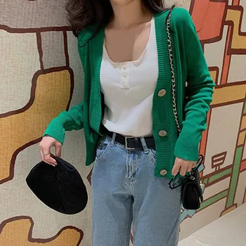 

Female Fashion Simple Button Solid Color Knit Short Cardigan Long Sleeve Casual Warm Loose Sweater