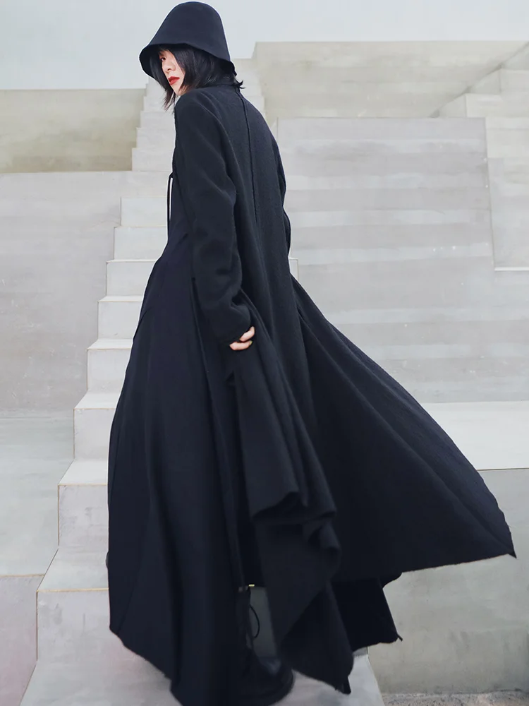Z-zoux Женское шерстяное пальто с v-образным вырезом и длинным рукавом, ассиметричное винтажное Черное длинное шерстяное пальто Мода